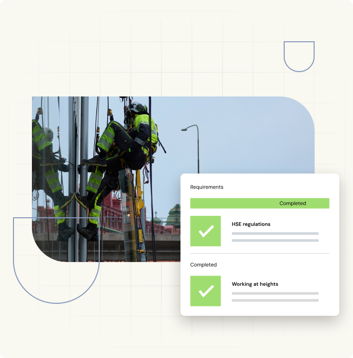 photo of worker cleaning building window and software pop-up showing courses completed